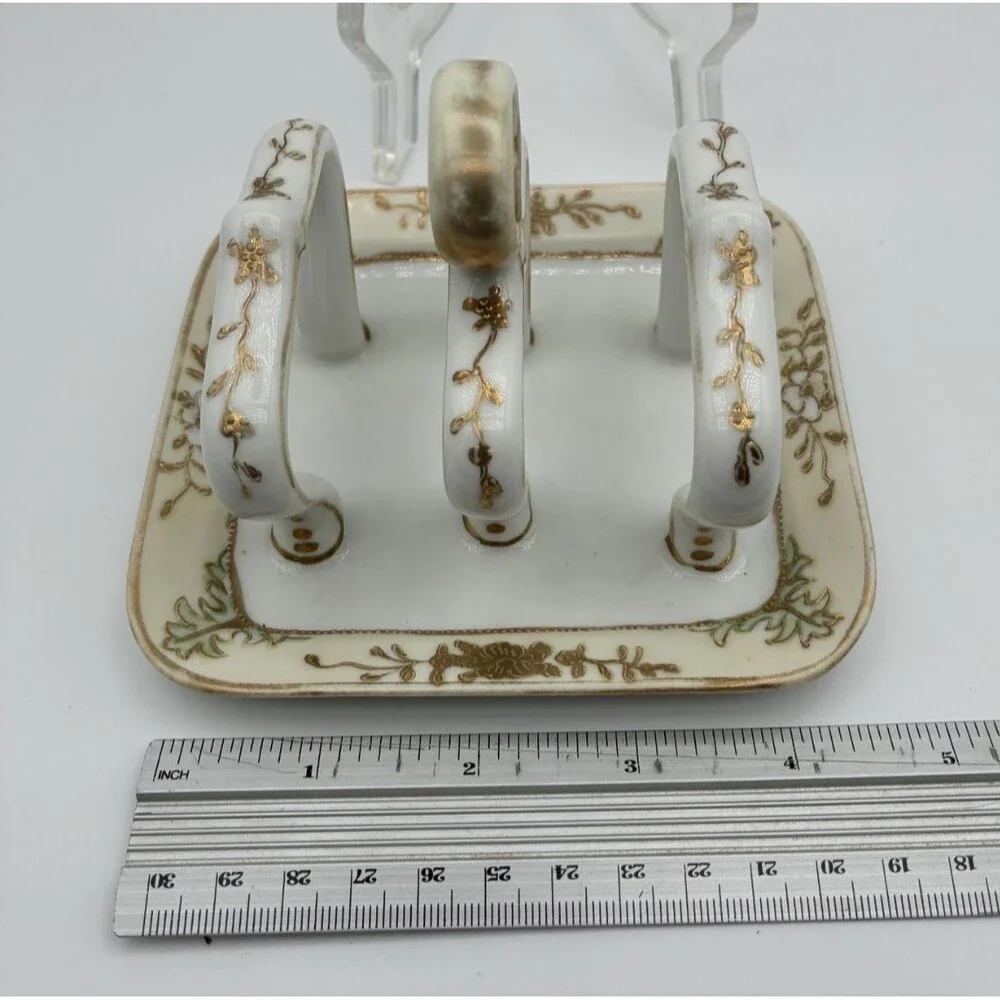 Antique Nippon Hand Painted Toast Rack Holder White Gold Flower Bead Trim 5 in